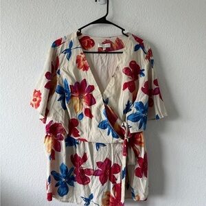 Skies Are Blue Floral Blouse with Red and Orange Accents